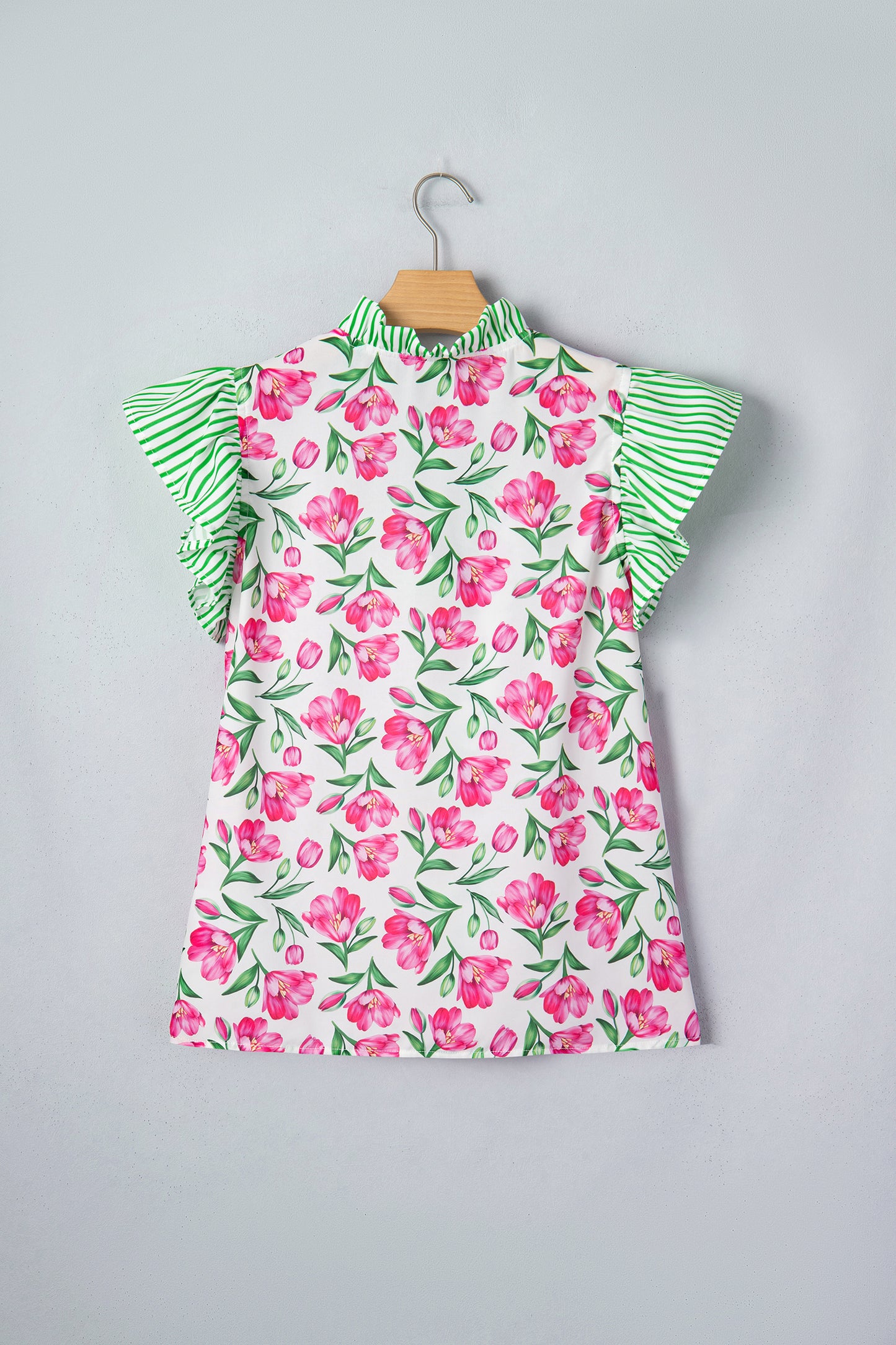 Floral Stripe Ruffle Trim V-Neck Blouse