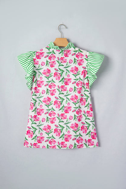 Floral Stripe Ruffle Trim V-Neck Blouse