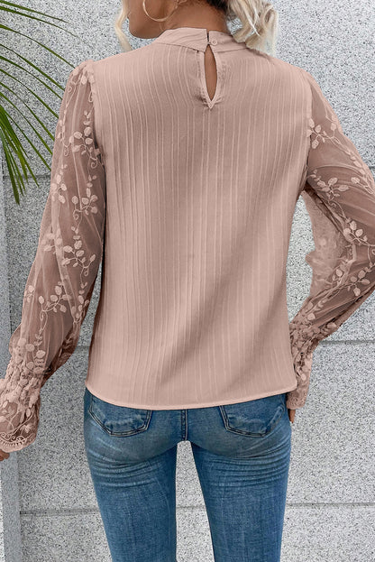 Ribbed Lace Long Sleeve Blouse