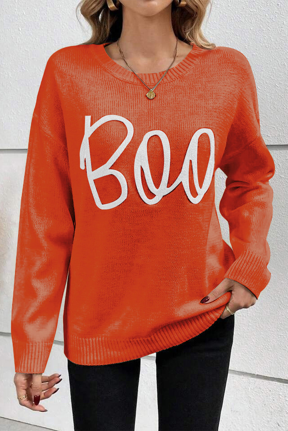 Boo Ribbed Trim Drop Shoulder Sweater