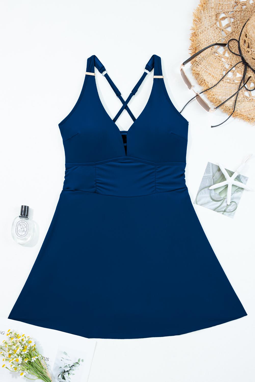 Solid Crossed Straps One Piece Swim Dress
