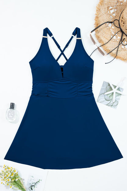 Solid Crossed Straps One Piece Swim Dress