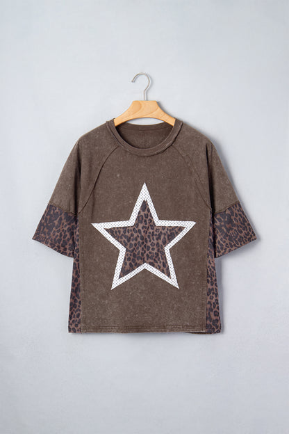 Leopard Star Patched Mineral Wash Exposed Seam T-Shirt