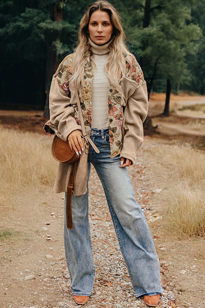 Floral Waffle Knit Patchwork Chest Pocket Buttoned Jacket