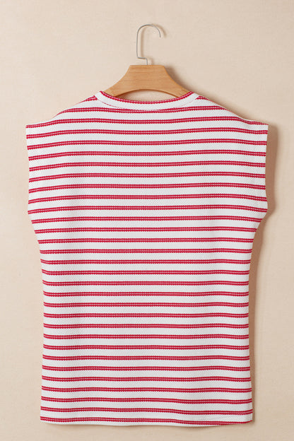 Stripe Textured Knit Buttoned Shoulder Short Sleeve Tee