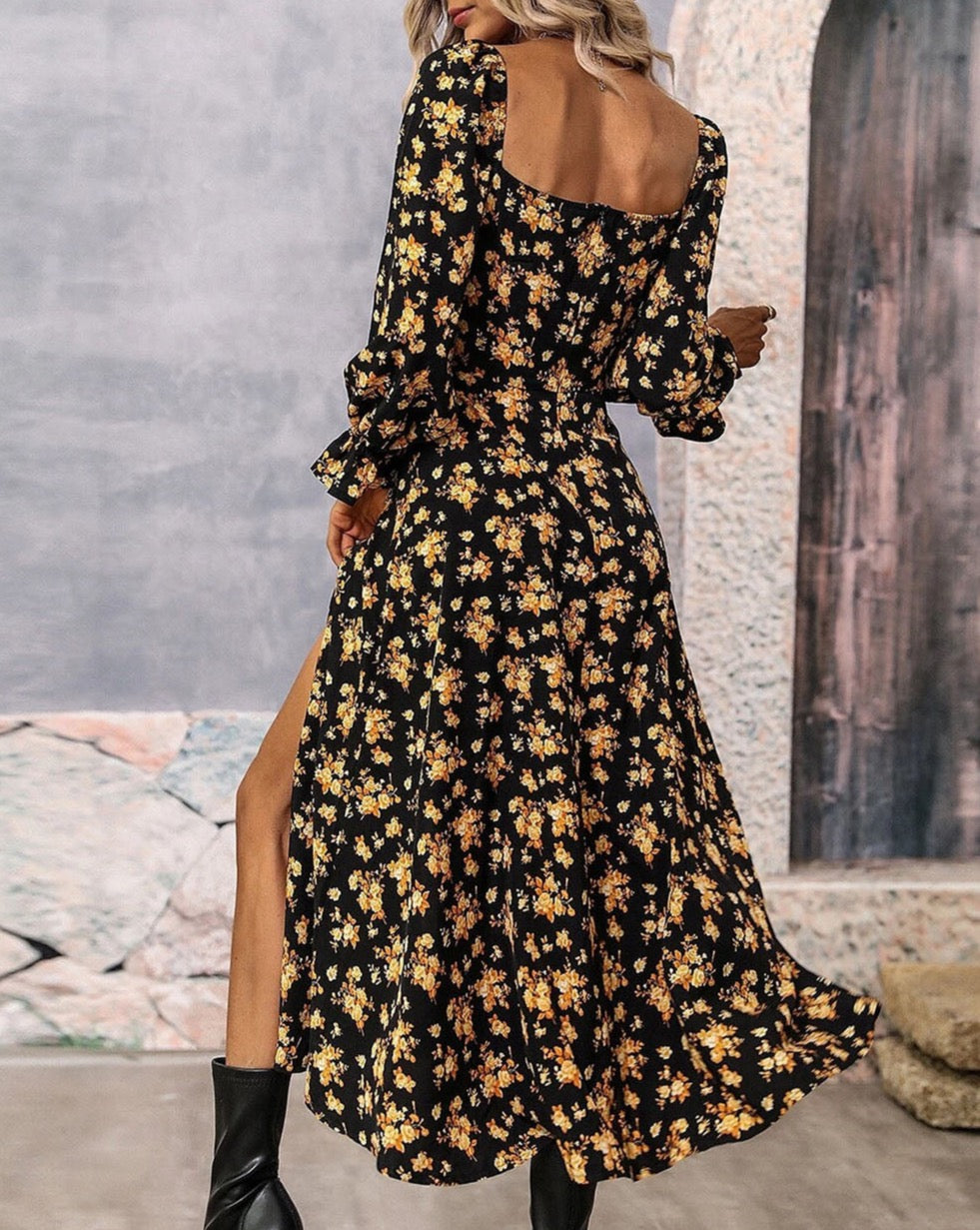 Floral Puff Sleeve Slit Dress