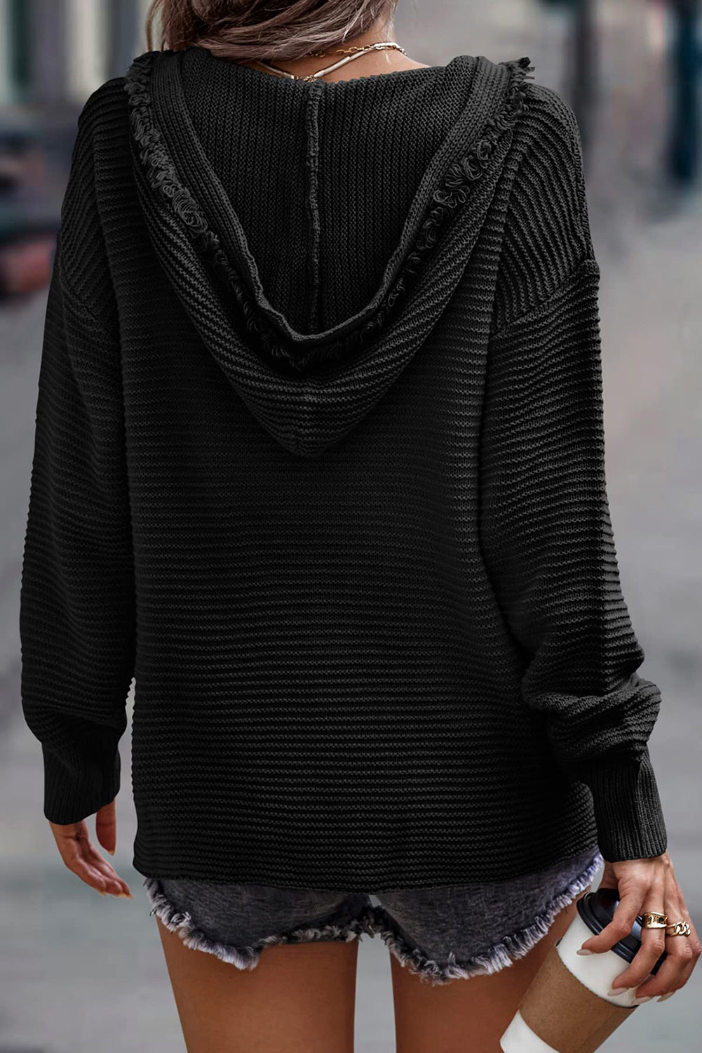 Ribbed Raw Edge Hooded Sweater