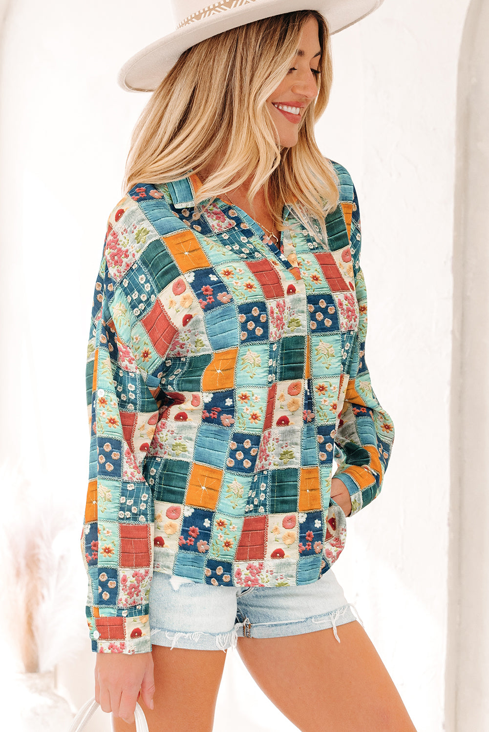 Floral Patchwork Long Sleeve Collared V-Neck Blouse