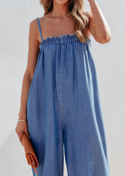 Denim Wide Leg Jumpsuit w/Pockets