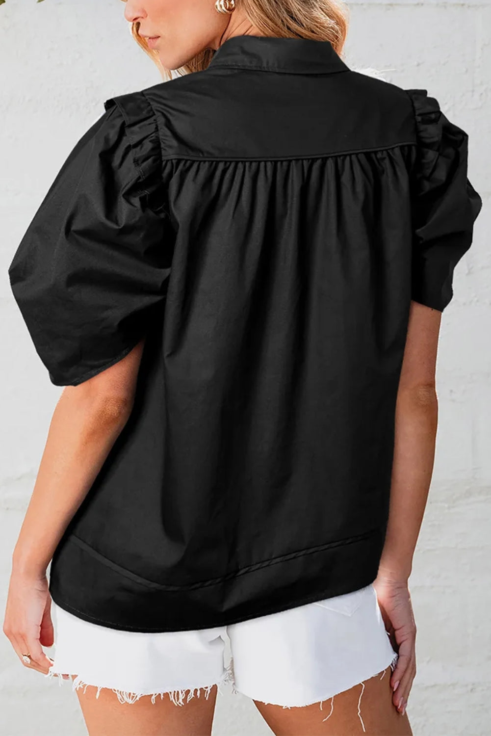 Ruffle Puff Sleeve Buttoned Shirt