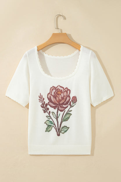 Western Floral Scalloped Square Neck Knit Top