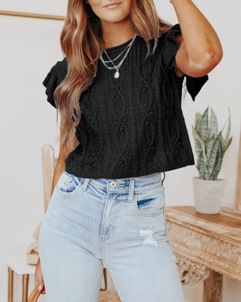 Cable Knit Ruffle Sleeve Top