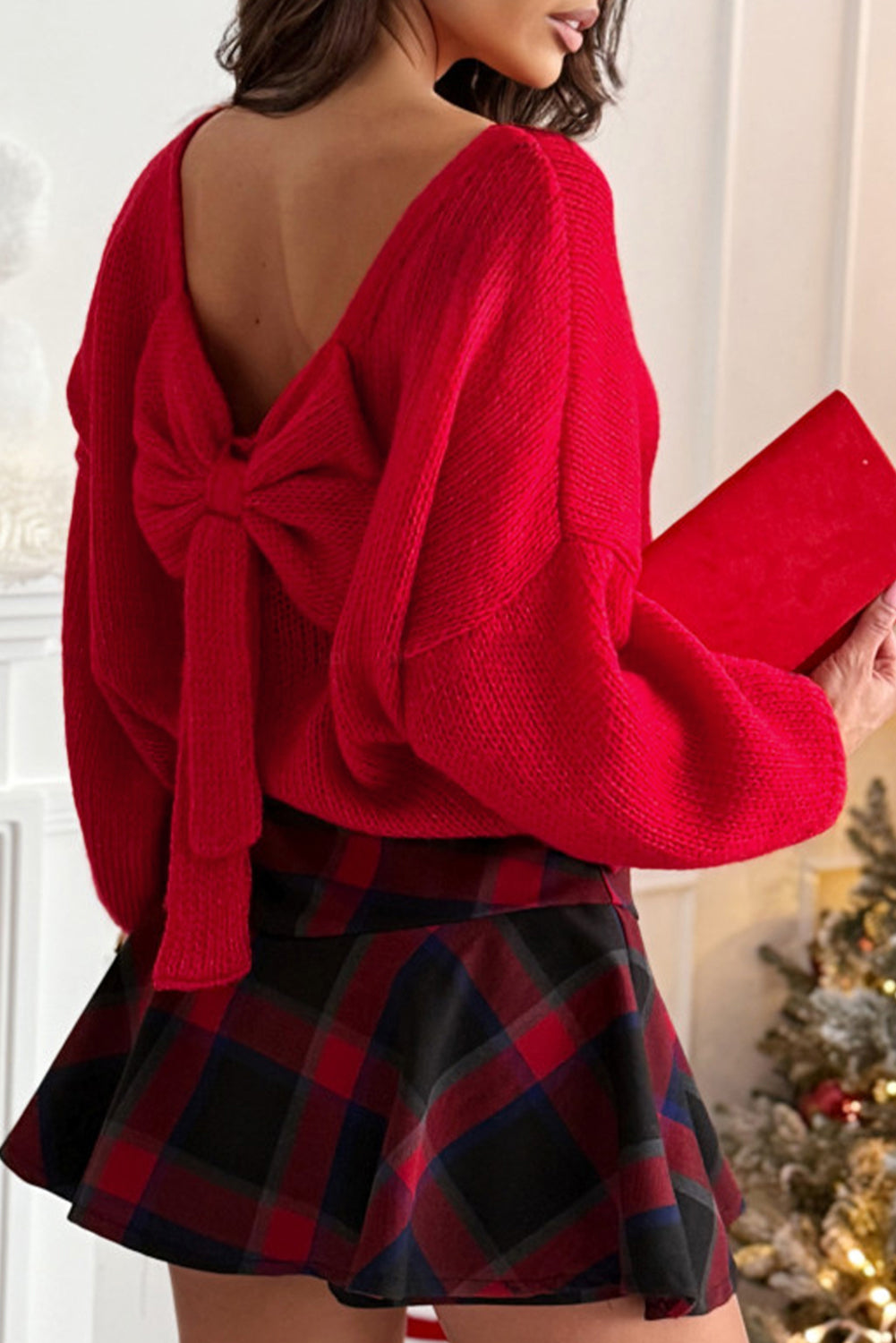 Bow Tie Backless Bubble Sleeve Sweater