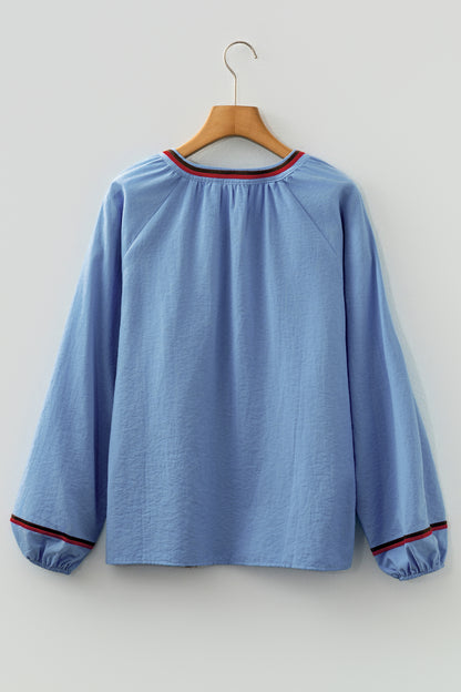 Floral Embroidered Tassel-Tie Puff Sleeve Blouse