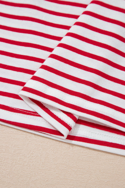 Floral Stripe Patchwork Puff Sleeve Round Neck Top