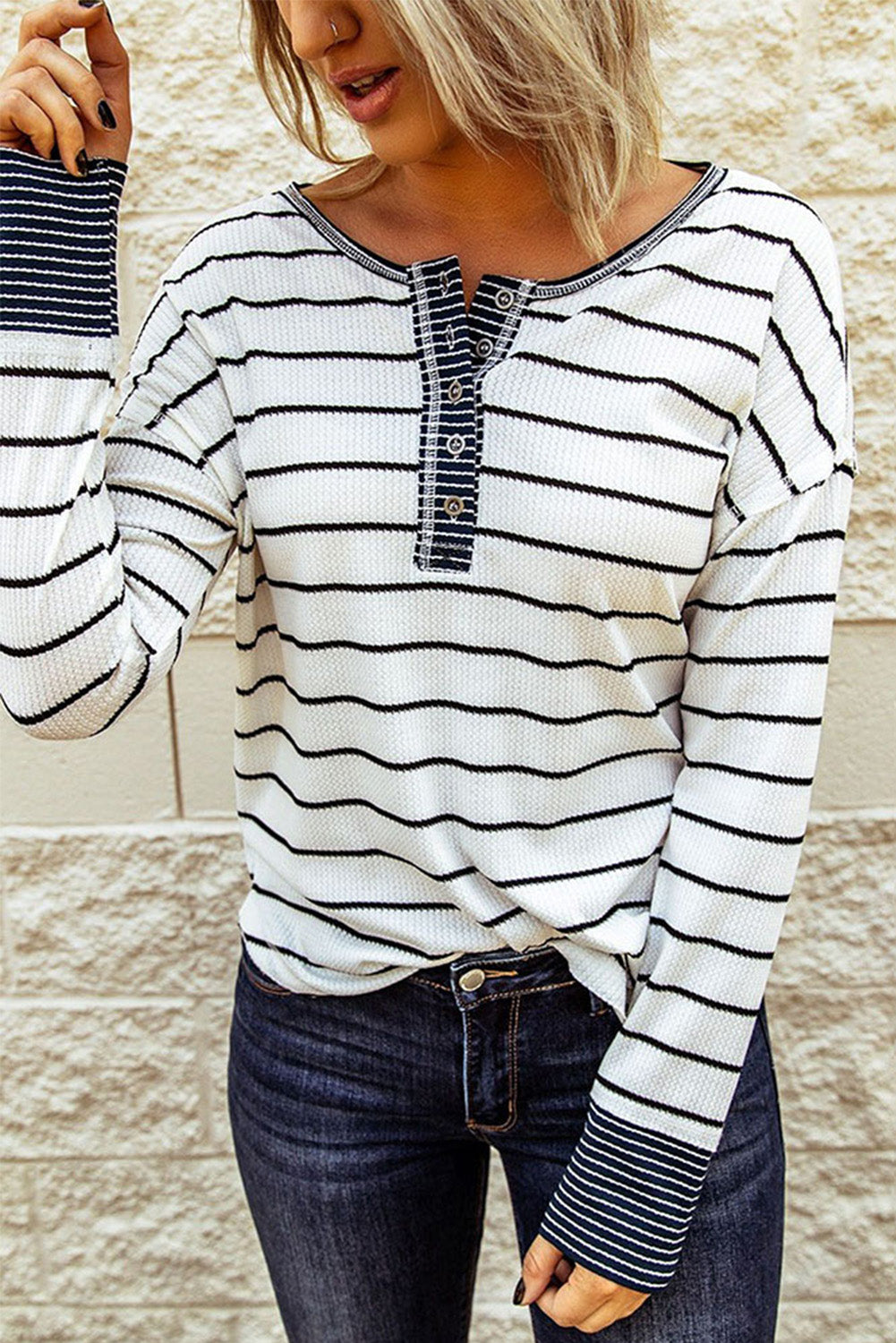 Stripe Waffle Buttoned Henley Shirt