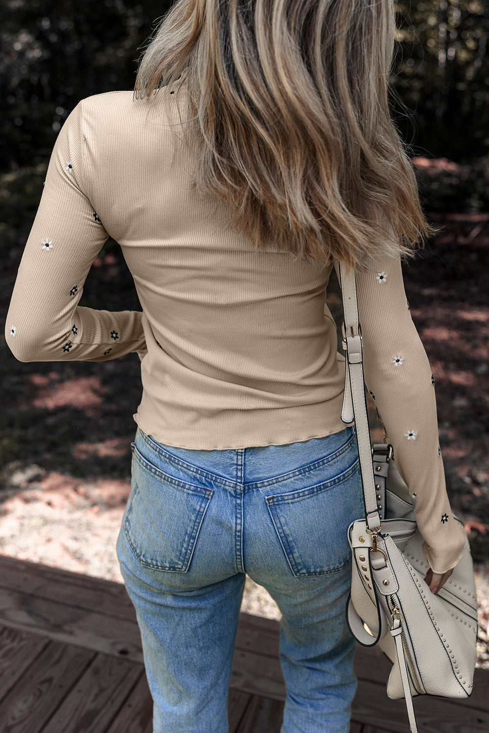 Floral Ribbed Embroidered Long Sleeve Top