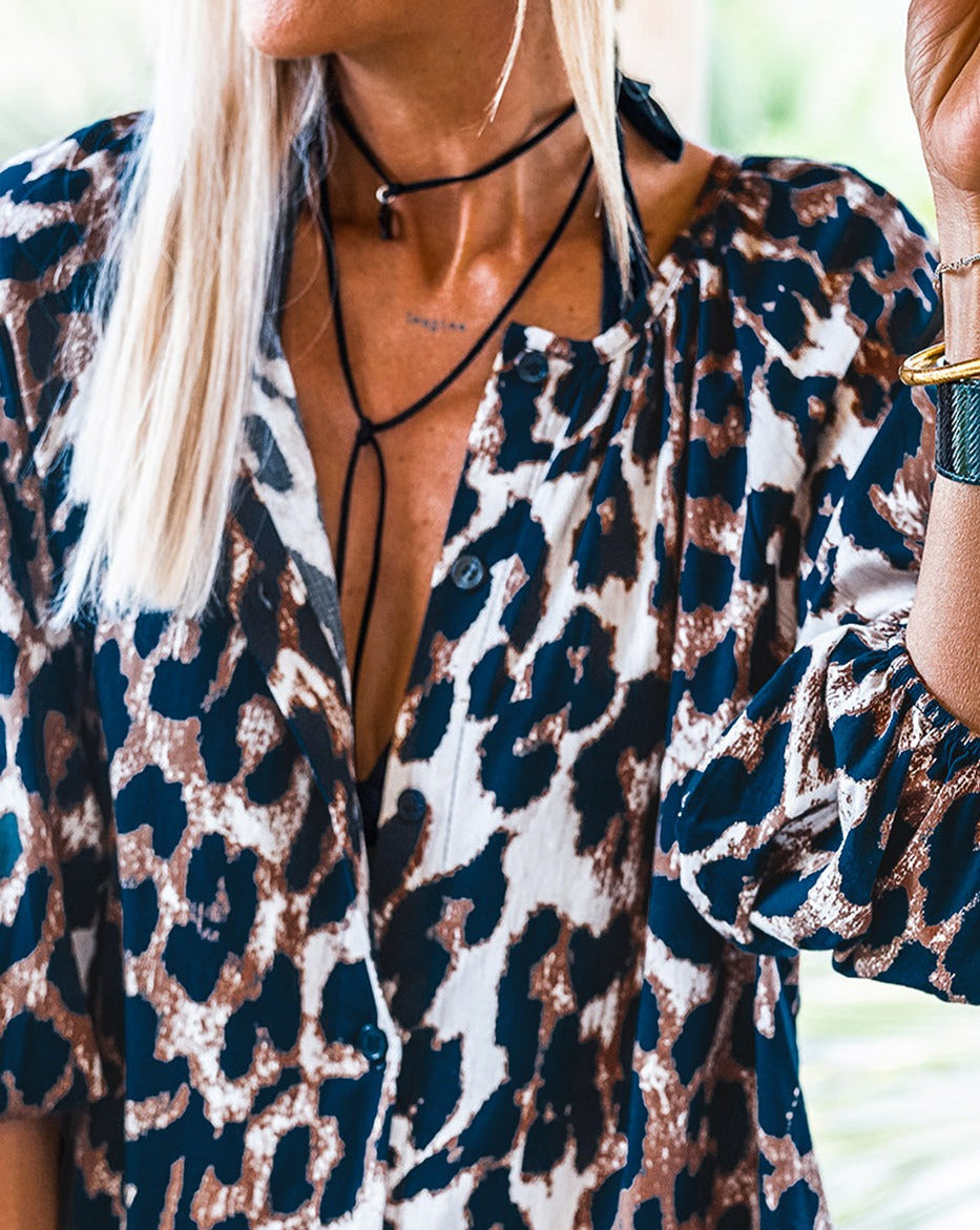 Leopard Puff Sleeve Shirt Dress