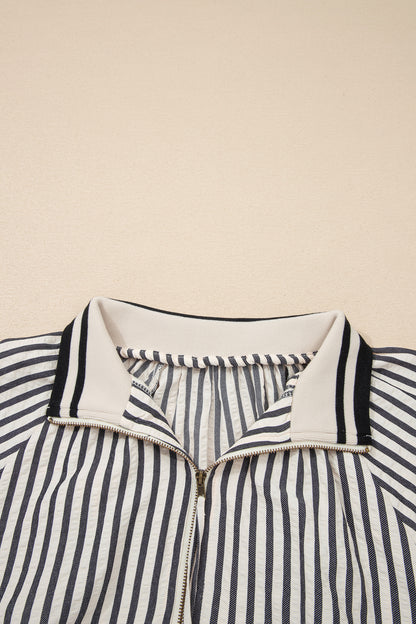 Stripe Half Zip Polo Collar Puff Sleeve Blouse