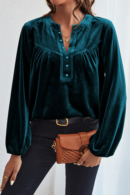 Velvet Lantern Sleeve V-Neck Top