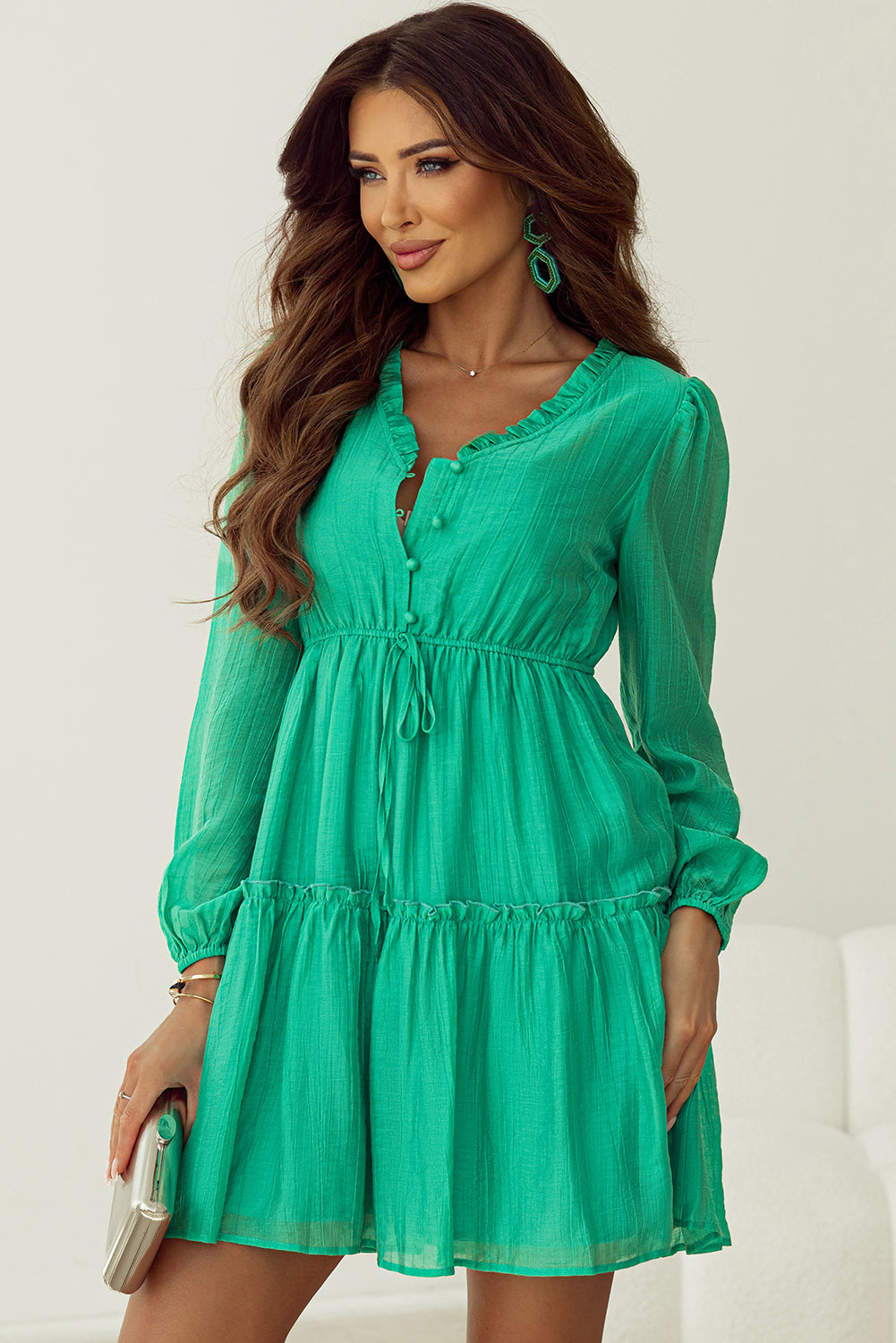 Solid Frilly V-Neck Puff Sleeve Mini Dress