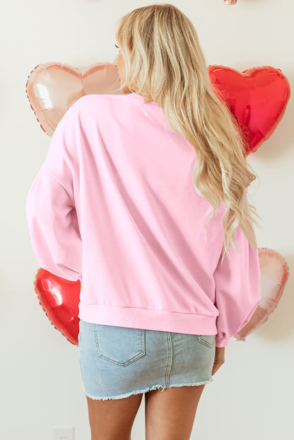 Valentine Bow Embroidered Lantern Sleeve Sweatshirt