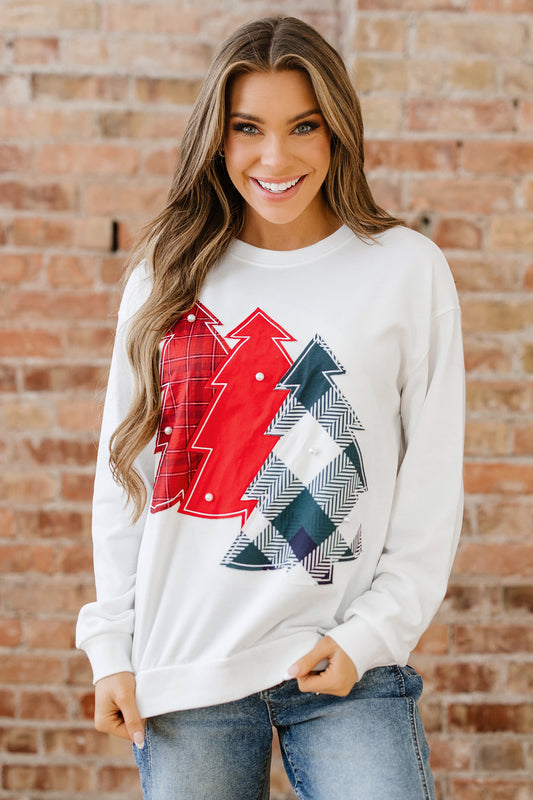 Christmas Tree Pearl Plaid Patch Drop Shoulder Sweatshirt