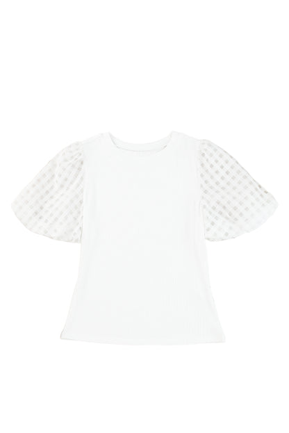 Ribbed Checkered Puff Sleeve Top