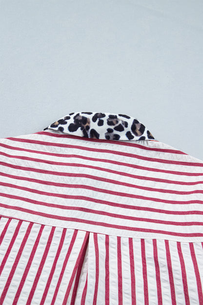 Stripe Leopard Contrast Trim Collared Blouse