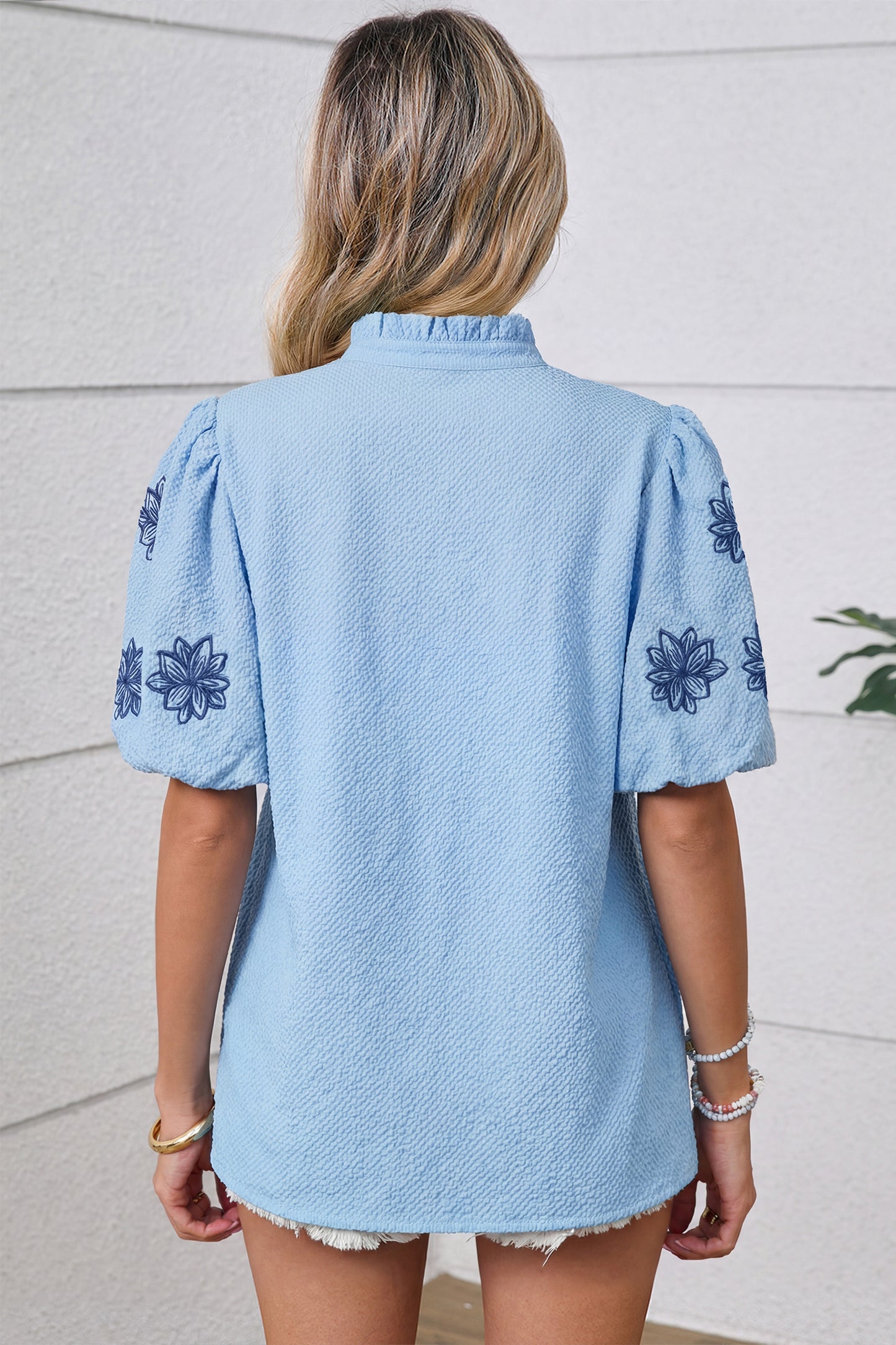 Flower Embroidered Puff Sleeve Split Neck Blouse