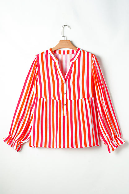 Stripe Balloon Sleeve V-Neck Blouse