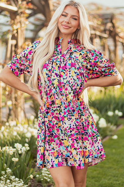 Floral V-Neck Puff Sleeve Mini Dress