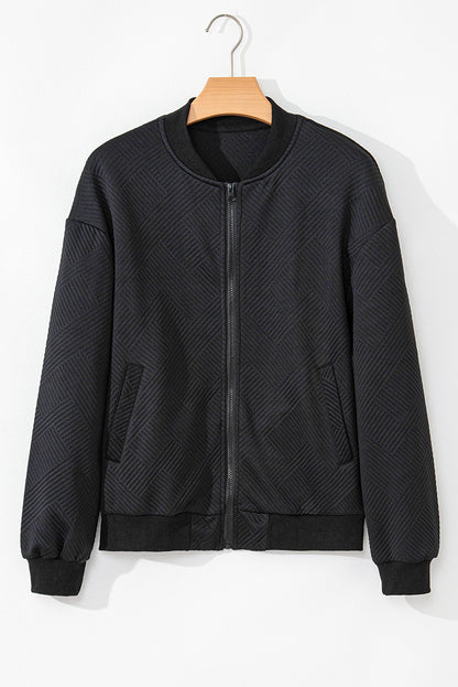 Solid Textured Zip-Up Bomber Jacket