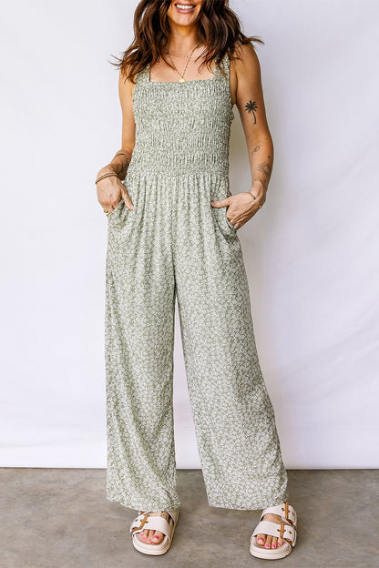 Floral Smocked Square Neck Sleeveless Jumpsuit