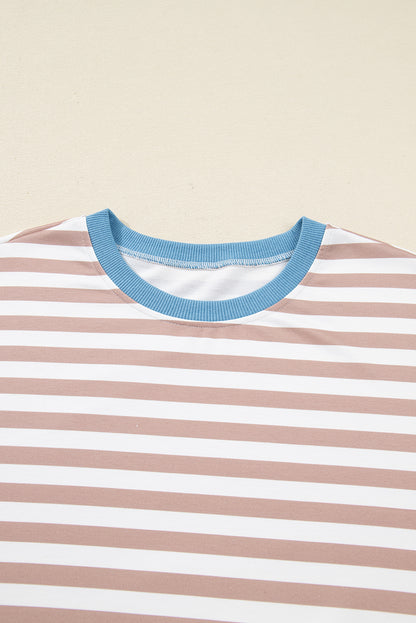 Plus Size Stripe Contrast Trim Pullover and Shorts Set