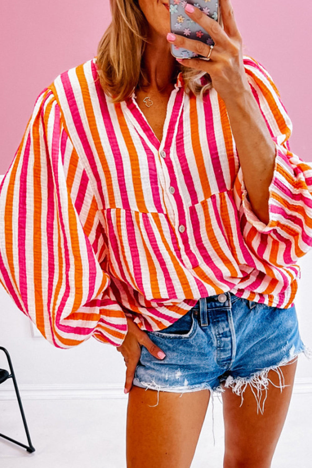 Stripe Balloon Sleeve V-Neck Blouse