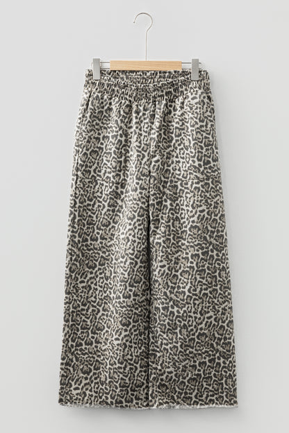 Leopard Denim Raw Hem Elastic Waist Loose Jeans