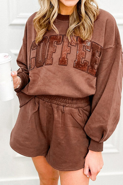 COFFEE Sequin Sweatshirt and Shorts Set