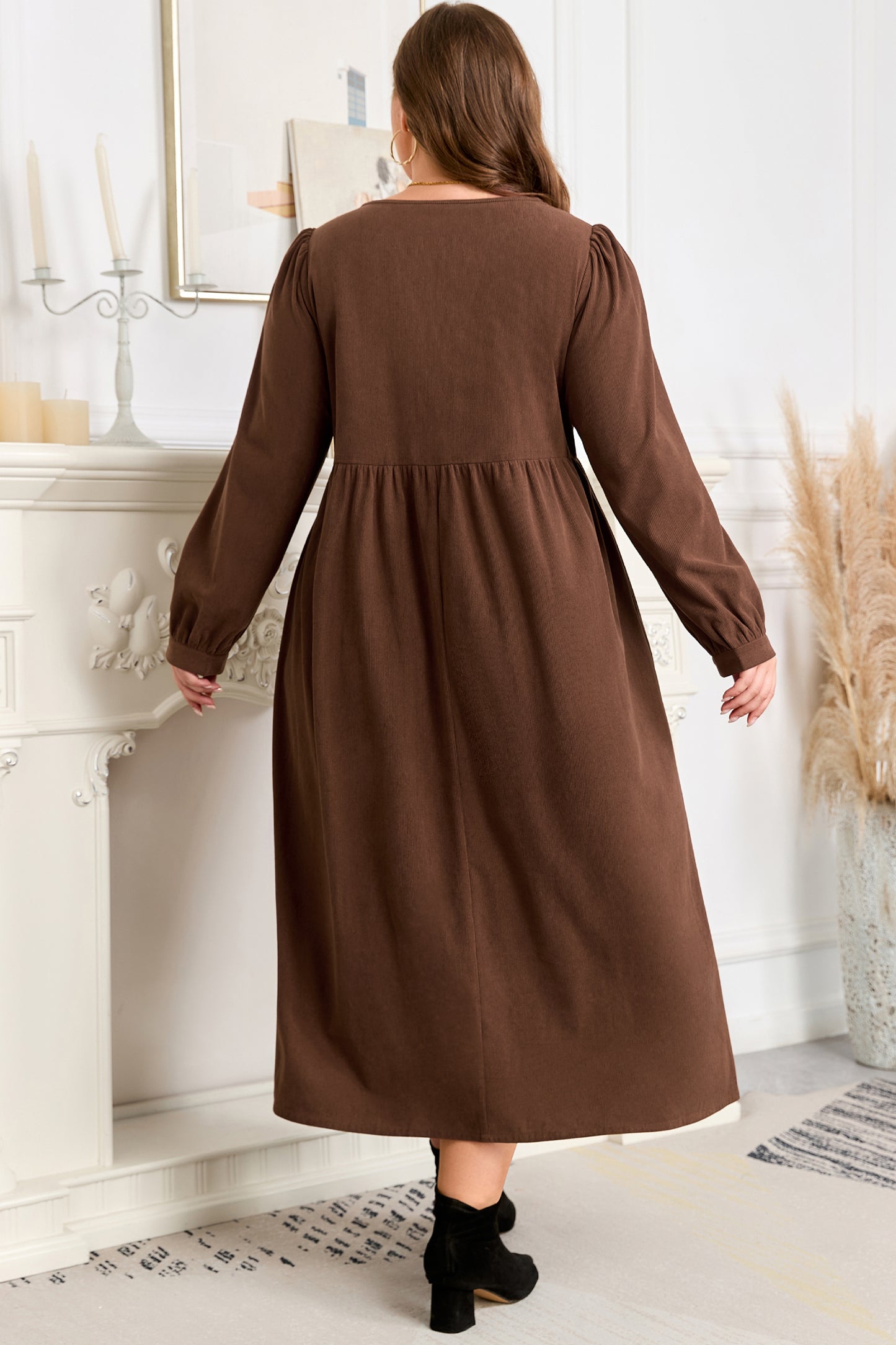 Plus Size Textured Corduroy Embroidered Neckline Midi Dress