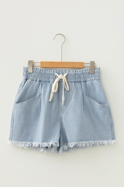 Stripe Denim Raw Edge Drawstring Waist Shorts