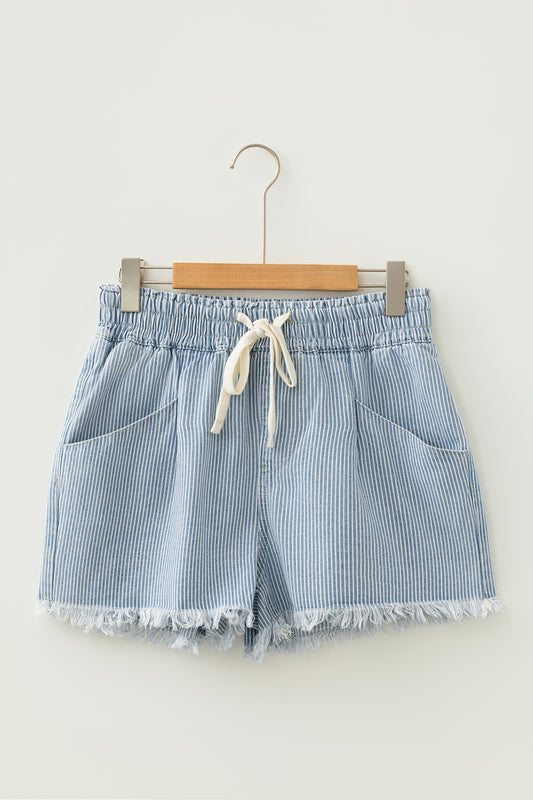 Stripe Denim Raw Edge Drawstring Waist Shorts