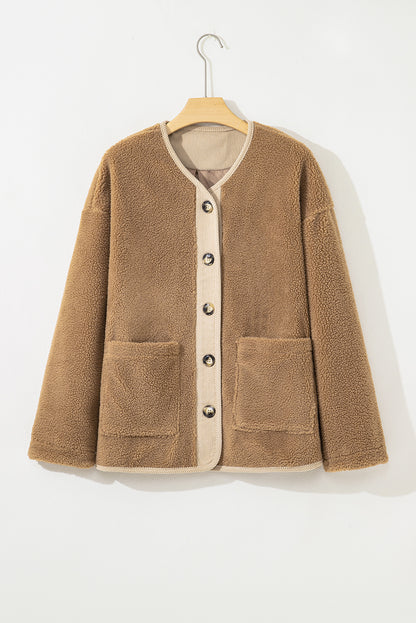 Fleece Corduroy Patchwork Button Up Jacket