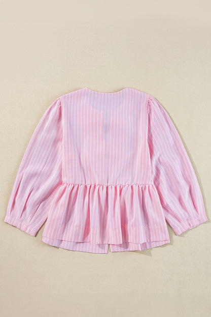 Stripe Bow Front Puff Sleeve Blouse