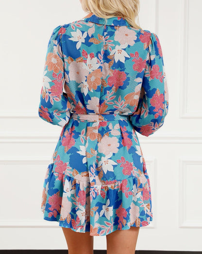 Floral Lantern Sleeve Belted Dress