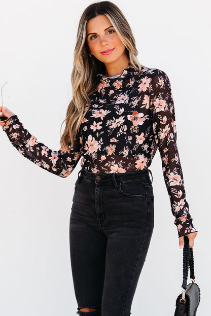 Floral Mesh Mock Neck Long Sleeve Top