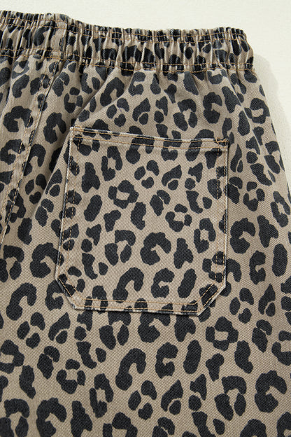 Leopard Denim Drawstring Elastic Waist Loose Pants
