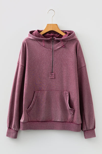 Solid Half-Zip Kangaroo Pocket Baggy Hoodie