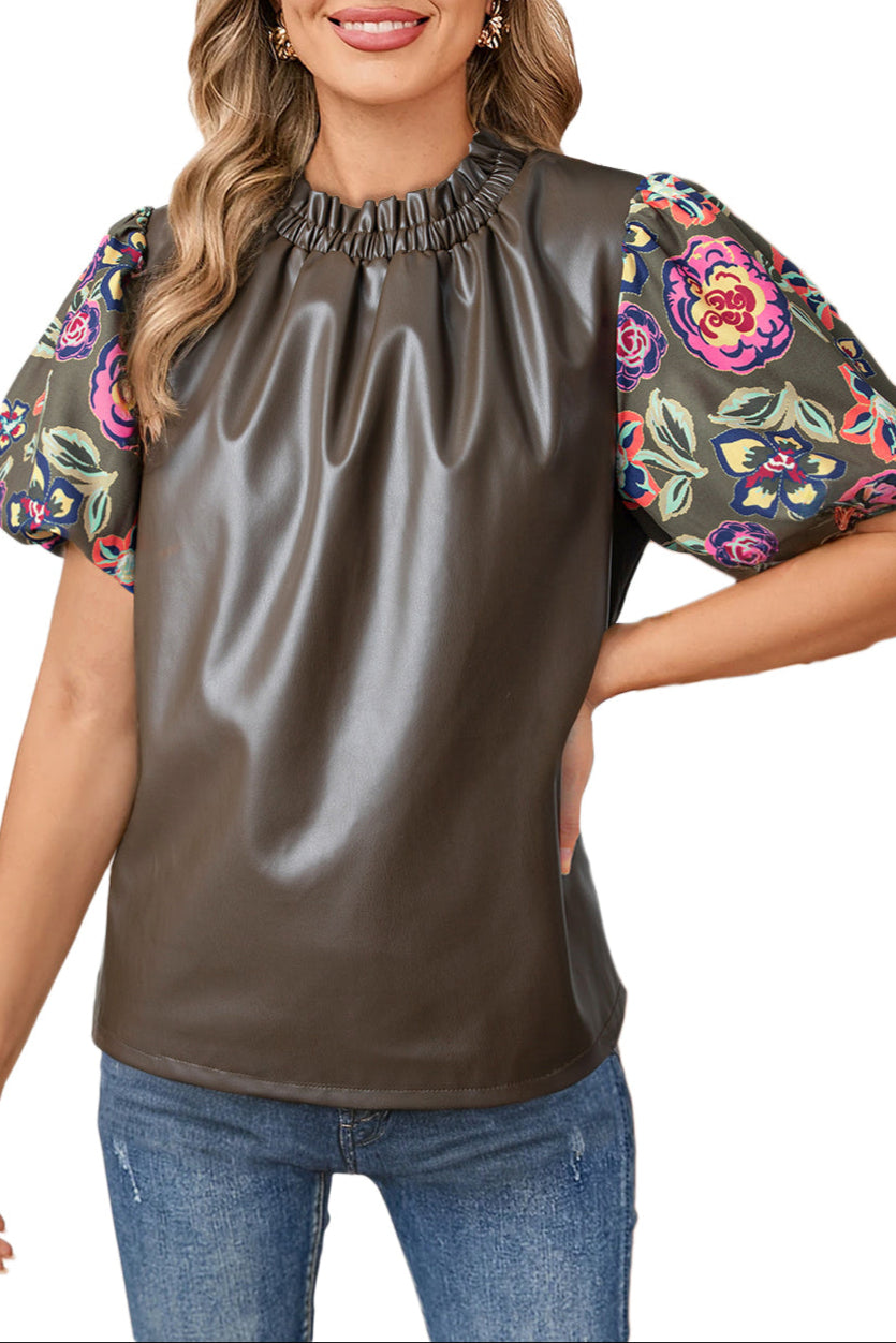 Floral Leatherette Bubble Sleeve Blouse