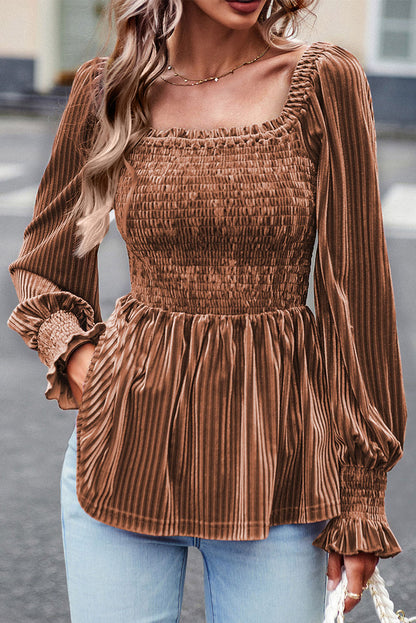 Pleated Velvet Smocked Babydoll Top