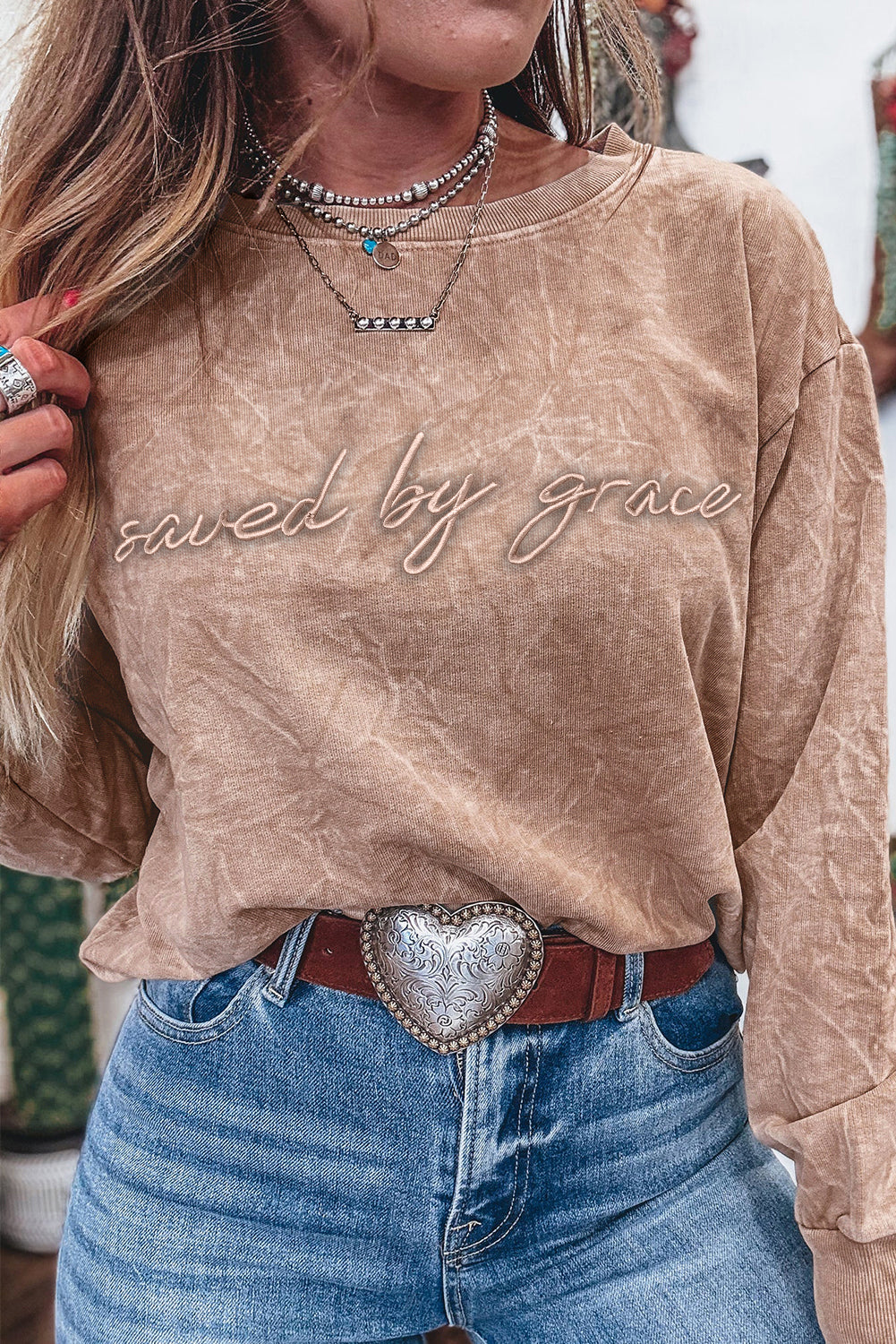 Saved by Grace Embroidered Mineral Wash Loose Sweatshirt
